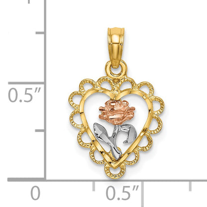 14k Two-tone with White Rhodium Heart with Rose and Lace Border Charm