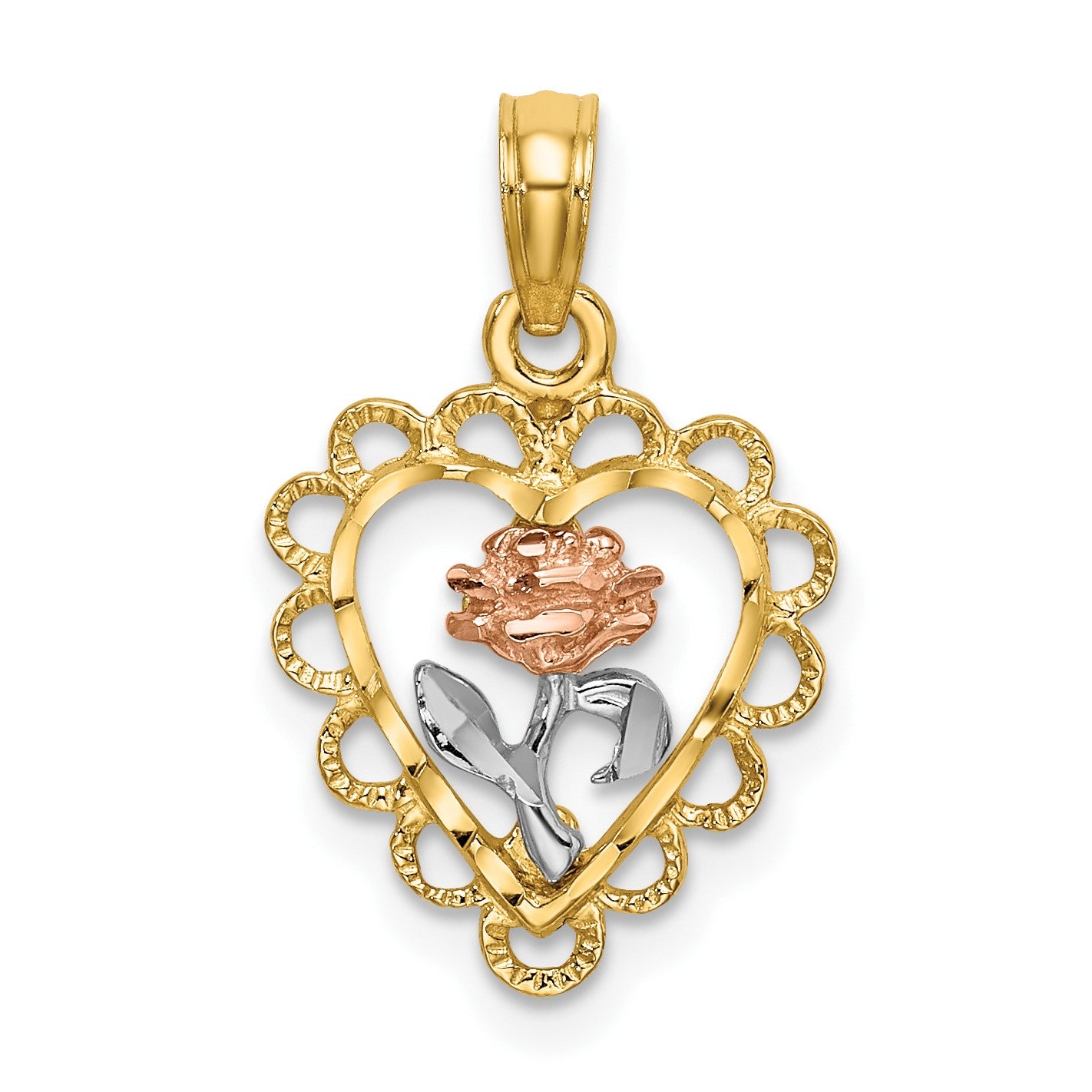 14k Two-tone with White Rhodium Heart with Rose and Lace Border Charm