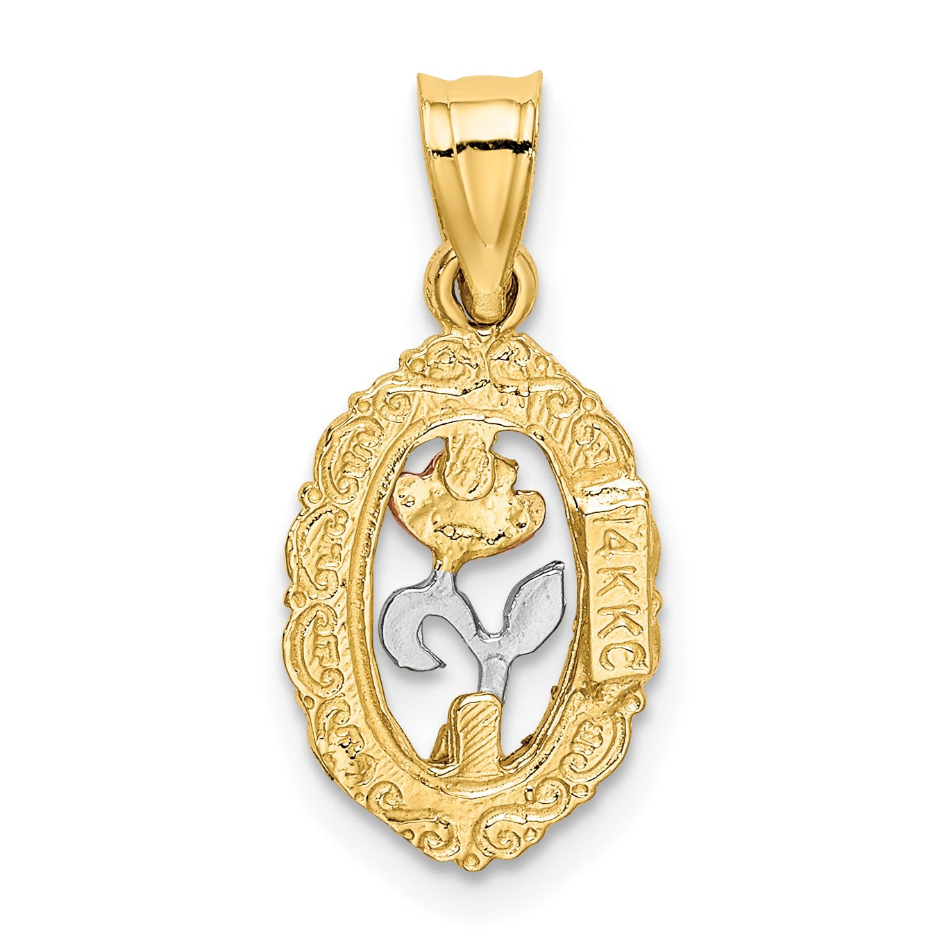 14K Two-tone with White Rhodium Rose In Oval Frame Charm