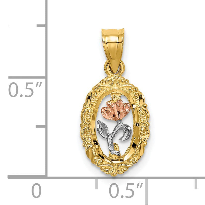 14K Two-tone with White Rhodium Rose In Oval Frame Charm