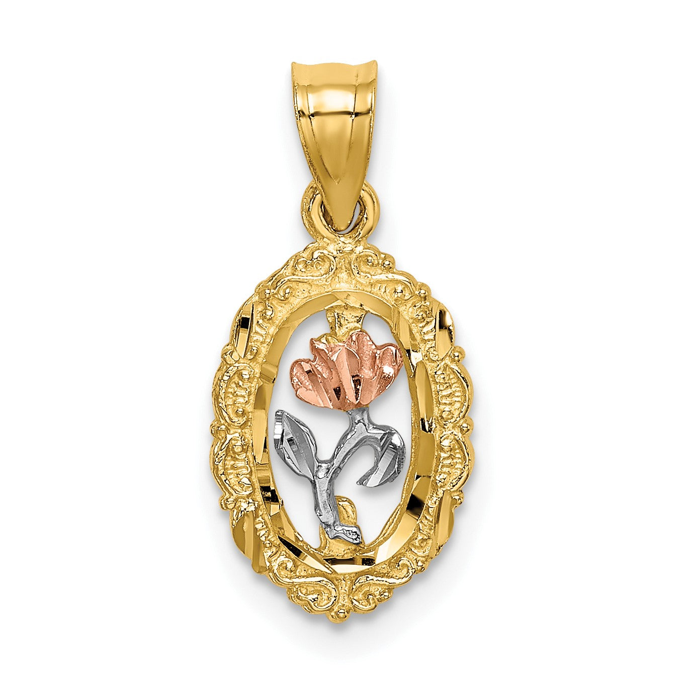 14K Two-tone with White Rhodium Rose In Oval Frame Charm