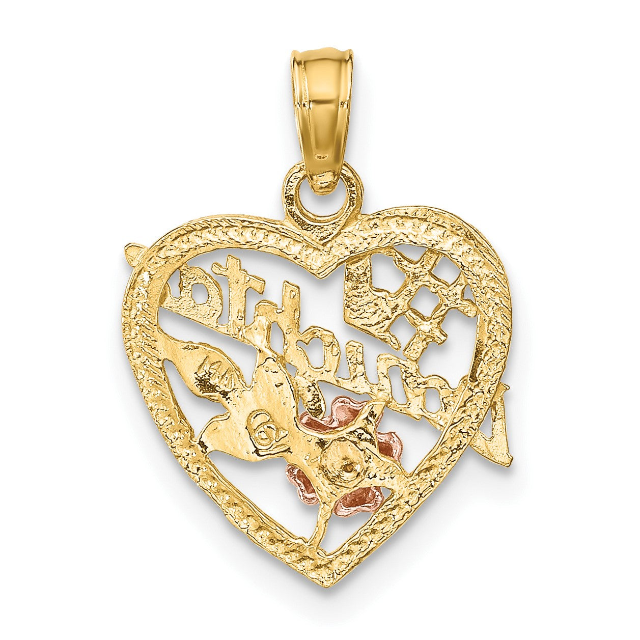 14k Two-tone with White Rhodium #1 DAUGHTER In Heart with Flowers Charm