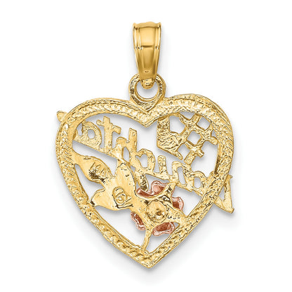 14k Two-tone with White Rhodium #1 DAUGHTER In Heart with Flowers Charm