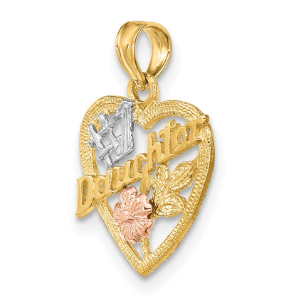 14k Two-tone with White Rhodium #1 DAUGHTER In Heart with Flowers Charm