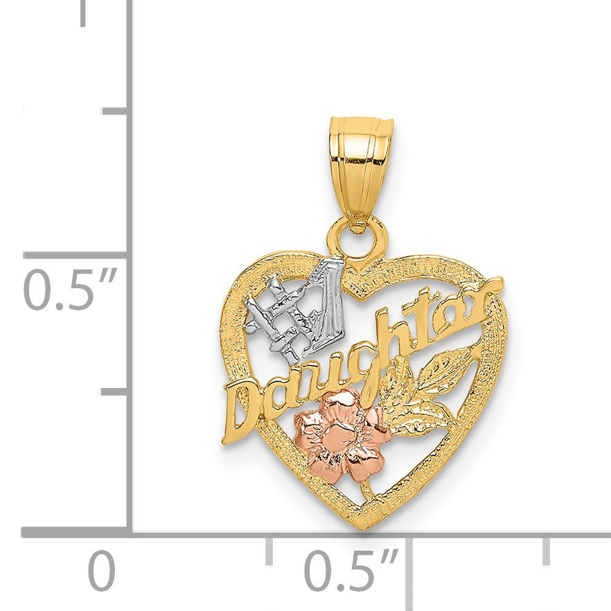 14k Two-tone with White Rhodium #1 DAUGHTER In Heart with Flowers Charm