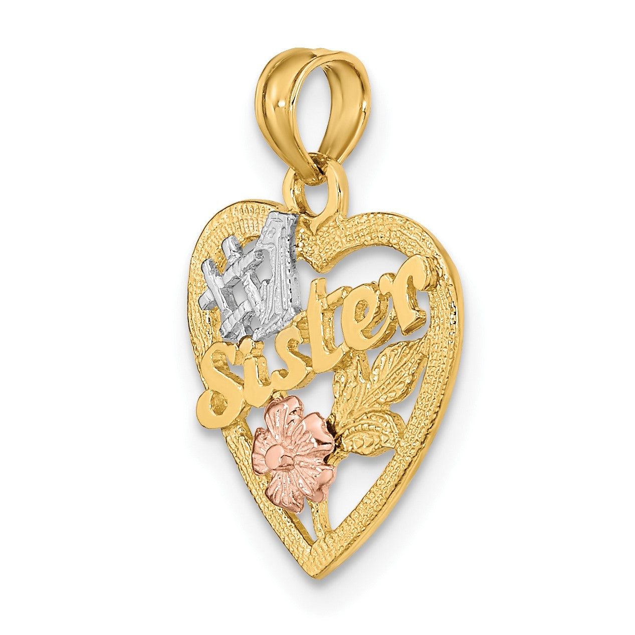 14k Two-tone with White Rhodium #1 SISTER In Heart with Flowers Charm