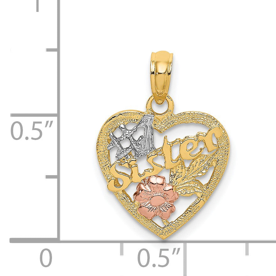 14k Two-tone with White Rhodium #1 SISTER In Heart with Flowers Charm
