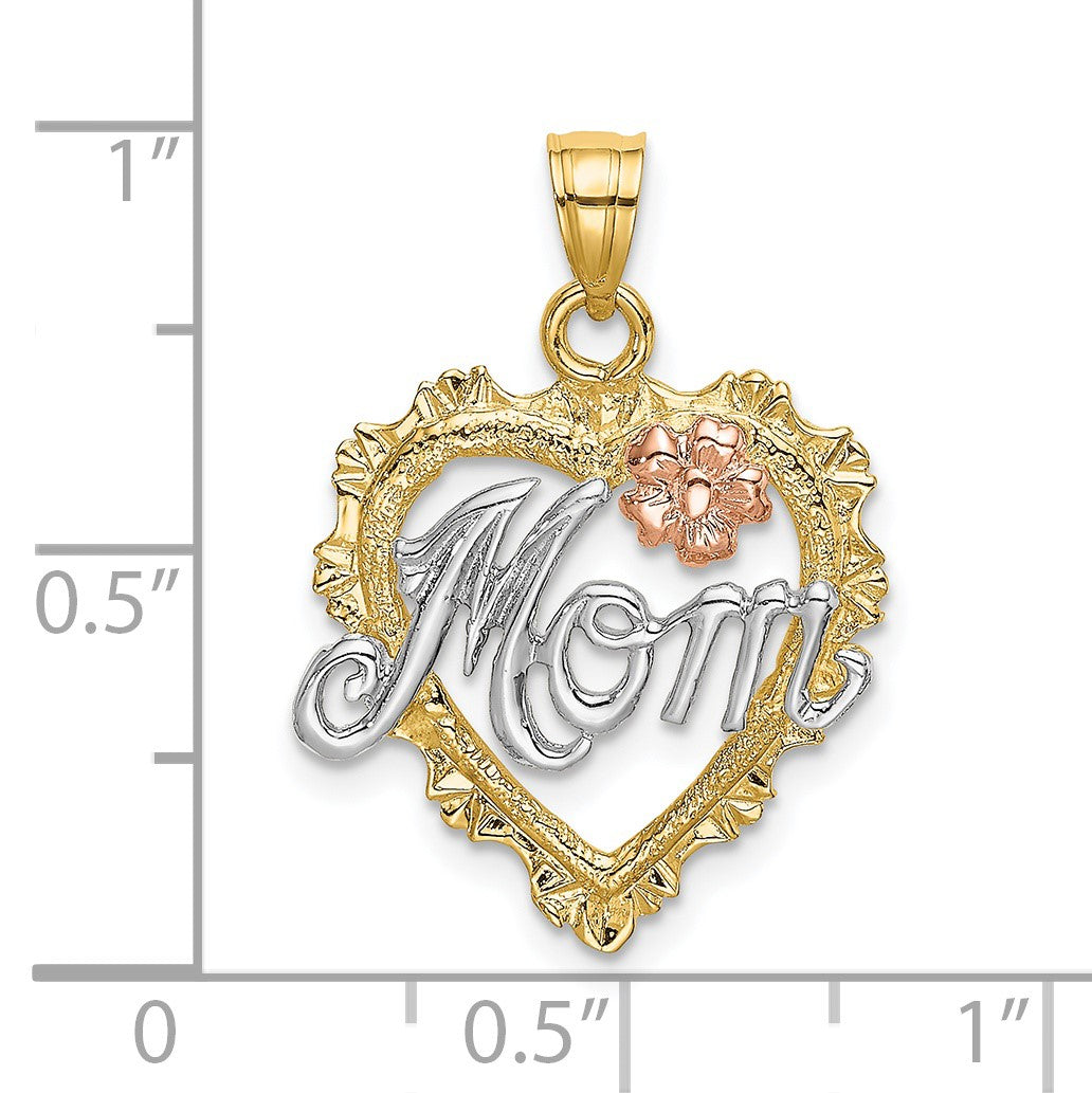 14k Two-tone with White Rhodium MOM in Heart with Flower Charm