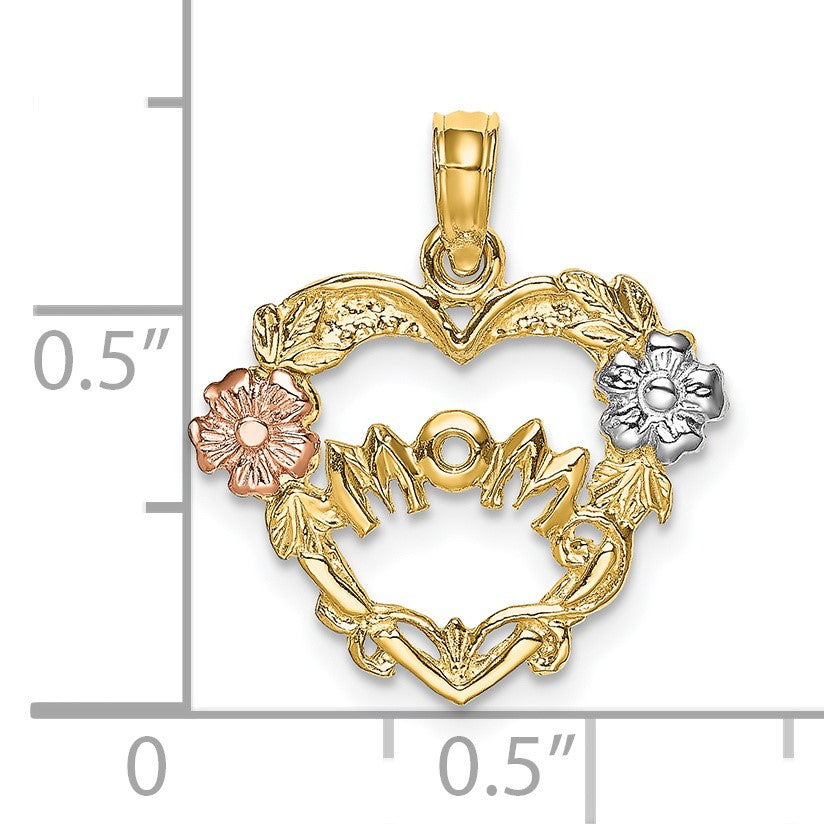 14k Two-tone with White Rhodium MOM Heart with Flowers Charm
