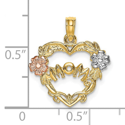 14k Two-tone with White Rhodium MOM Heart with Flowers Charm