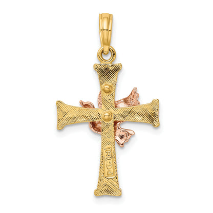 14k Two-tone Textured Finish Cross with Dove Charm