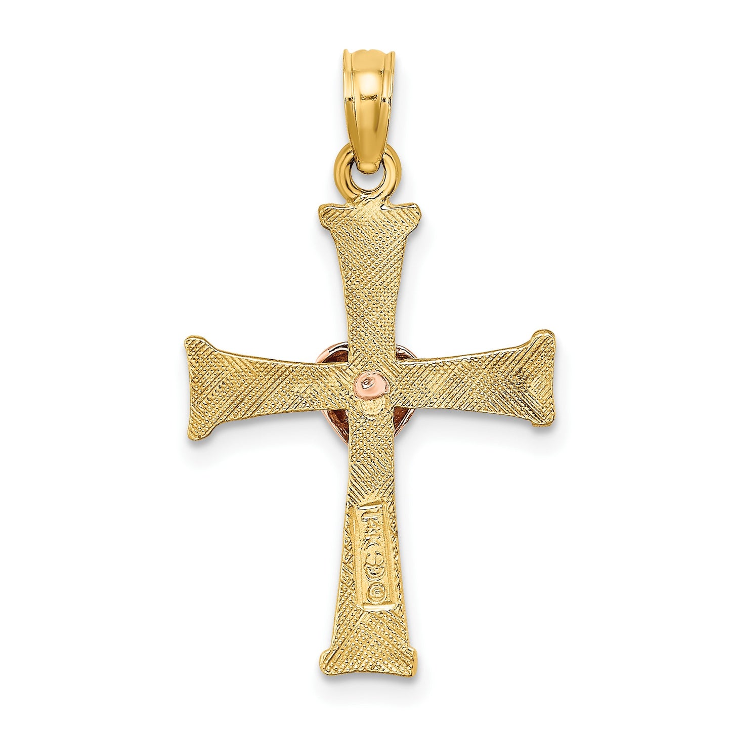 14k Two-Tone Textured Finish Cross with Heart Charm