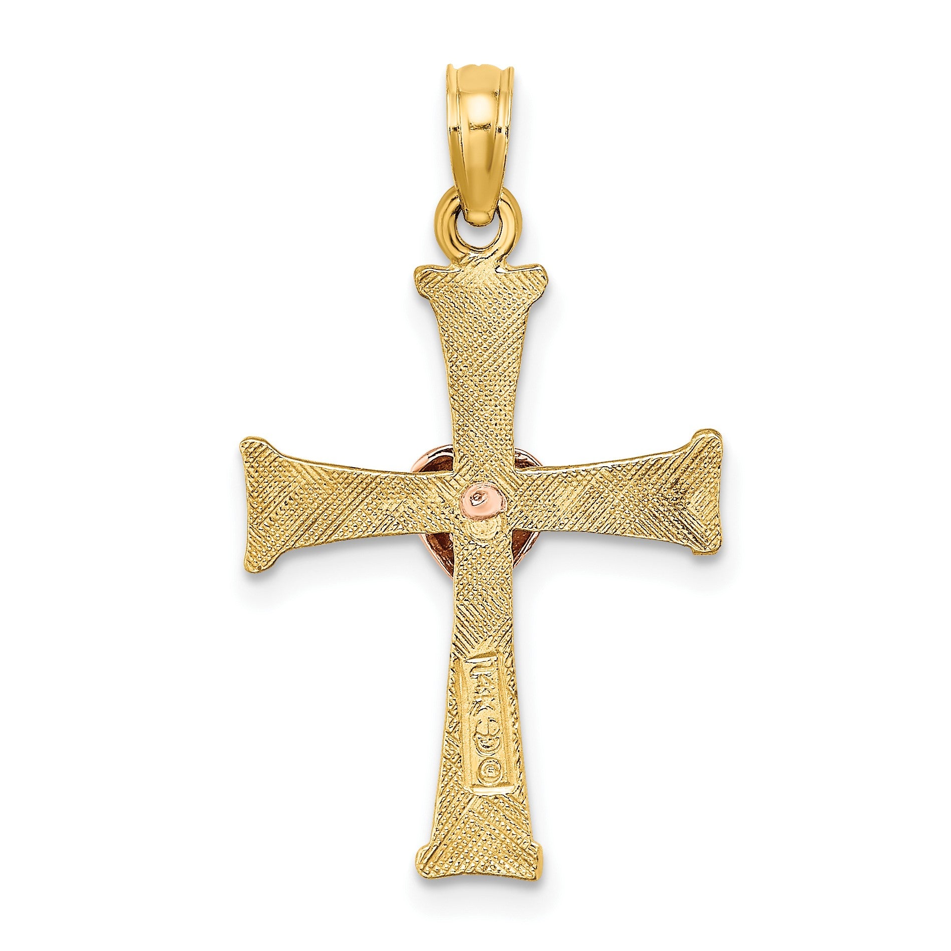 14k Two-Tone Textured Finish Cross with Heart Charm