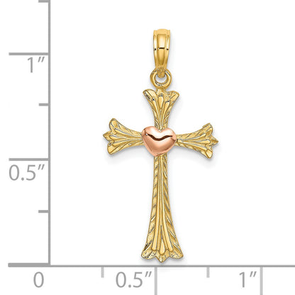 14k Two-Tone Textured Cross with Heart Charm