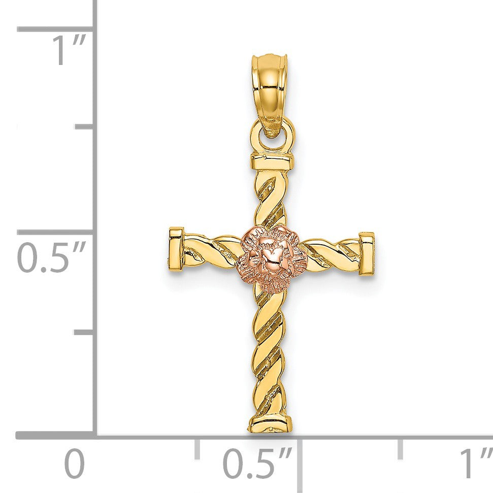 14k Two-Tone Twisted Cross with Flower Charm