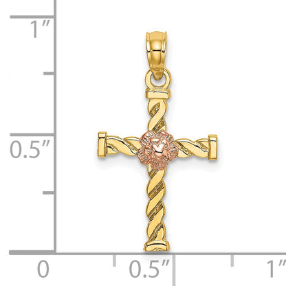 14k Two-Tone Twisted Cross with Flower Charm