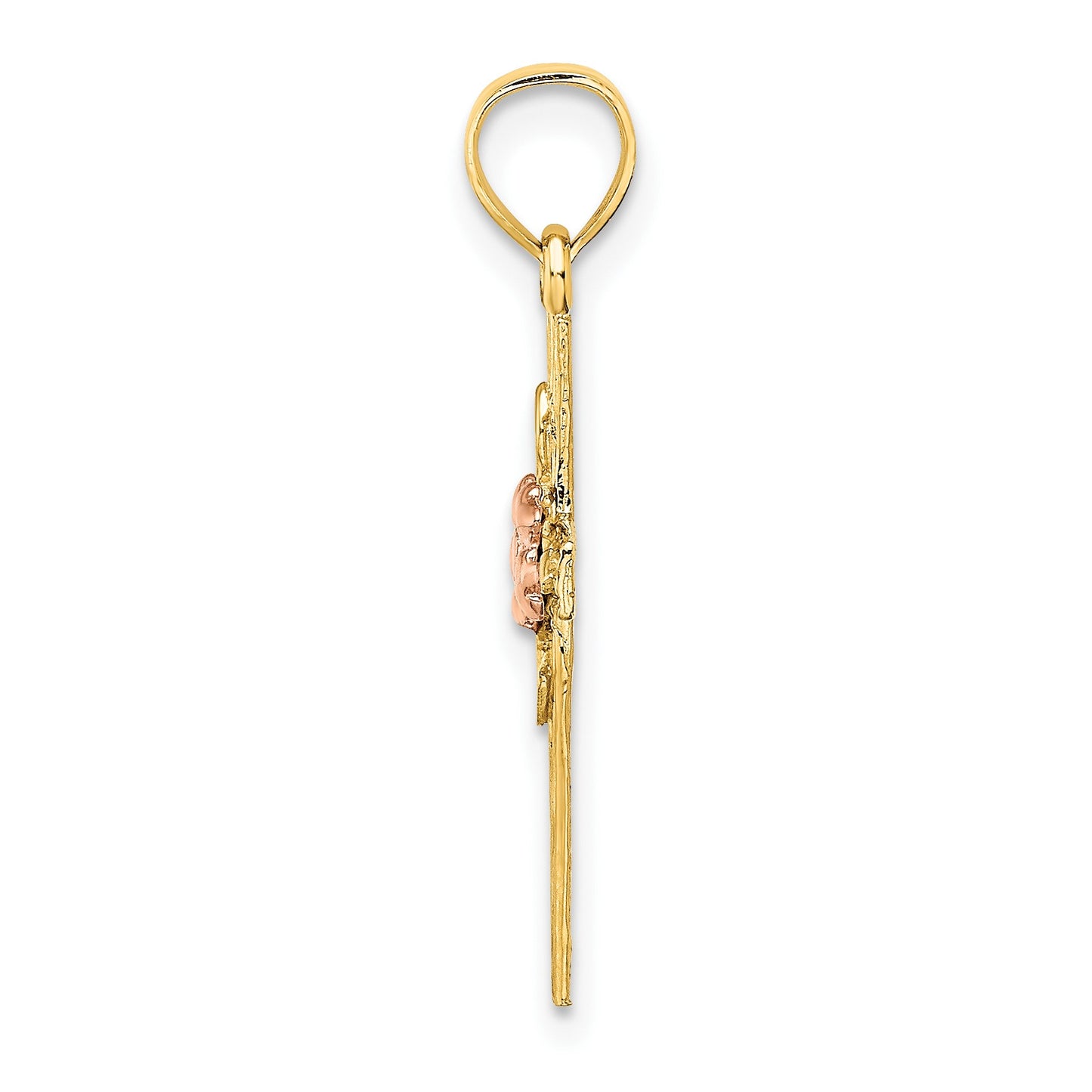 14k Two-Tone Textured Cross with Flower Charm