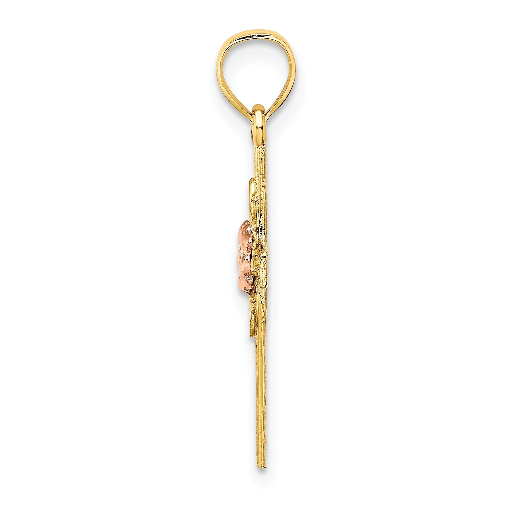 14k Two-Tone Textured Cross with Flower Charm