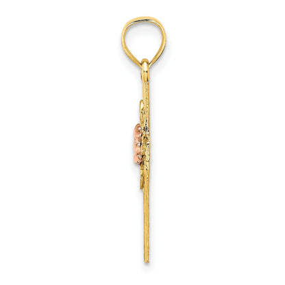14k Two-Tone Textured Cross with Flower Charm