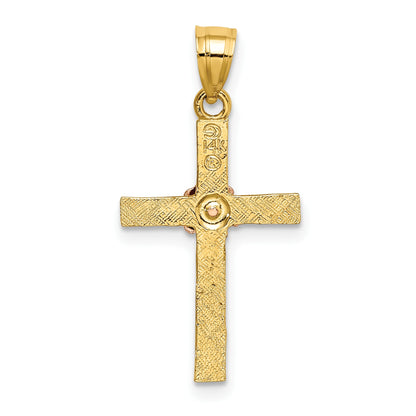 14k Two-Tone Textured Cross with Flower Charm