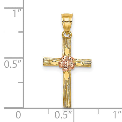 14k Two-Tone Textured Cross with Flower Charm