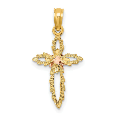 14k Two-tone Cut-Out Cross with Flower Charm