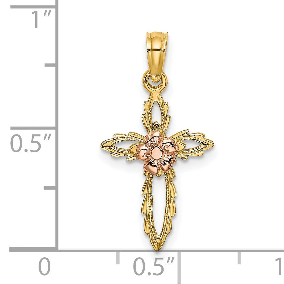 14k Two-tone Cut-Out Cross with Flower Charm