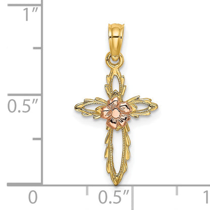 14k Two-tone Cut-Out Cross with Flower Charm