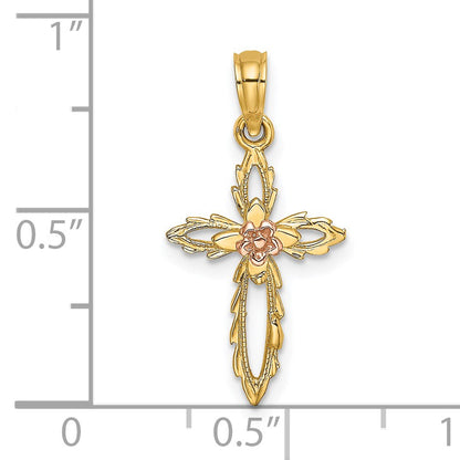 14k Two-Tone Cross with Cut-Out Flower Charm