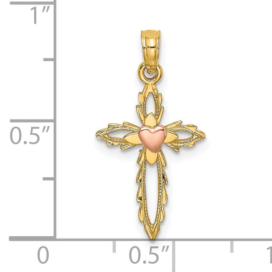 14k Two-Tone Cross with Heart Charm