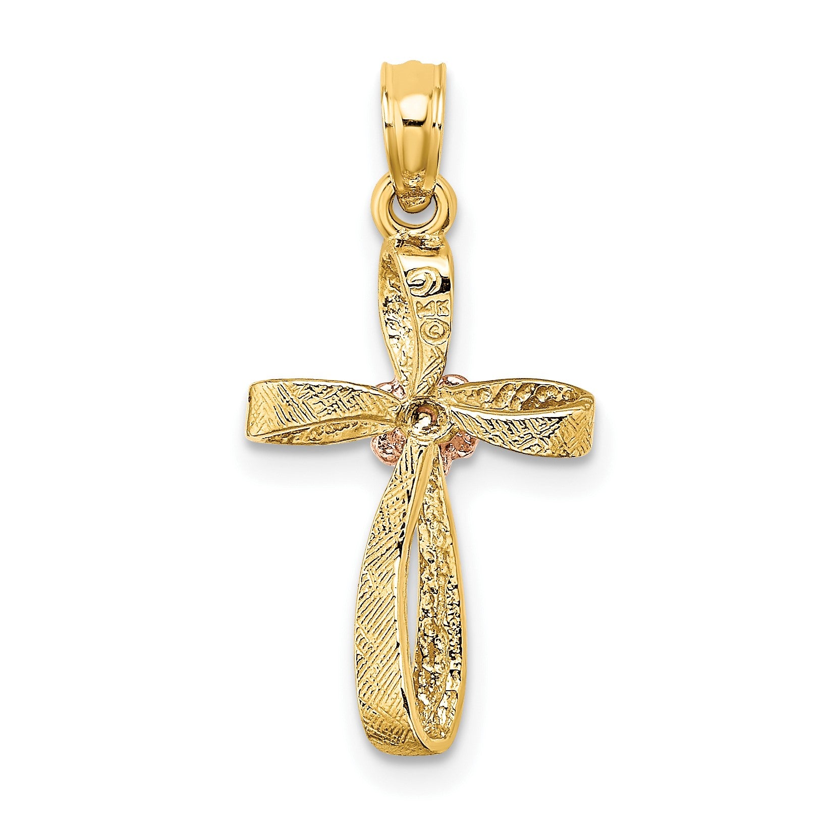 14k Two-Tone Twisted Cross with Flower Charm