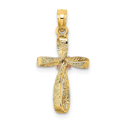 14k Two-Tone Twisted Cross with Flower Charm