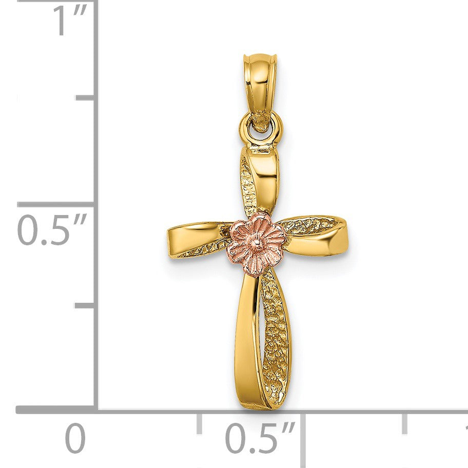 14k Two-Tone Twisted Cross with Flower Charm