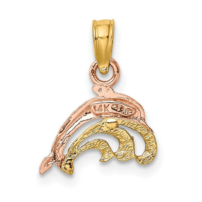 14K Two-Tone with White Rhodium Dolphin and Wave Charm