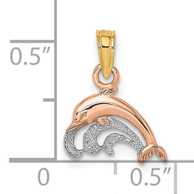 14K Two-Tone with White Rhodium Dolphin and Wave Charm