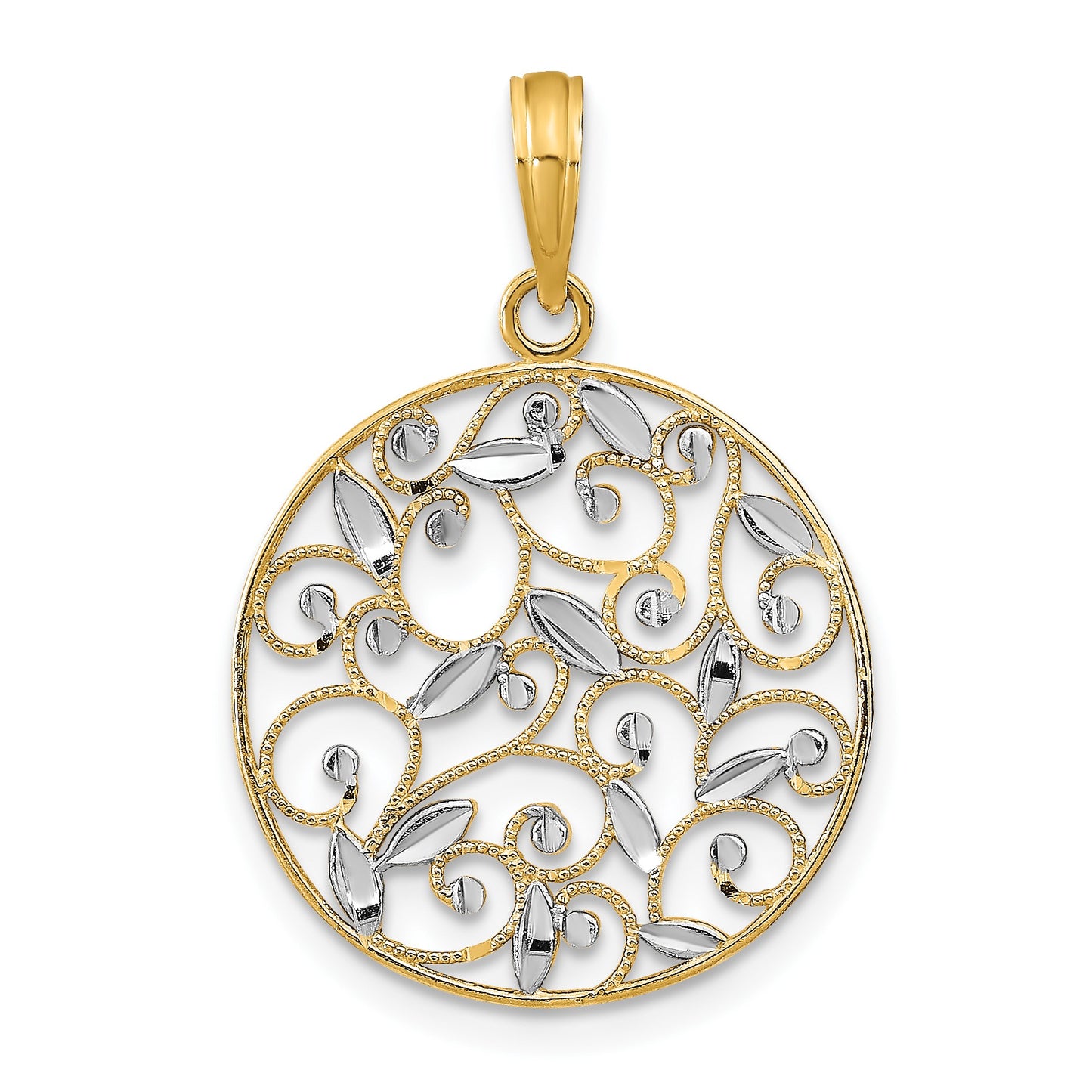 14K and White Rhodium Diamond-cut Filigree Round Charm