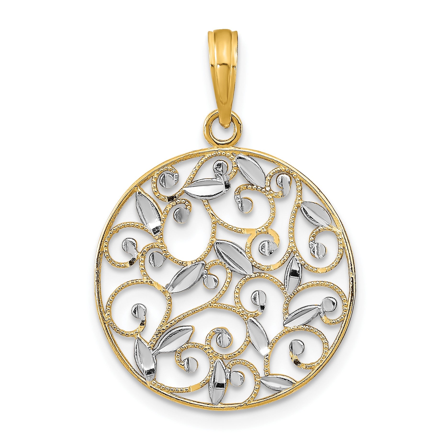 14K and White Rhodium Diamond-cut Filigree Round Charm