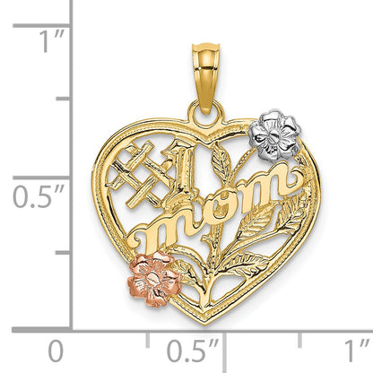 14k Two-tone with White Rhodium #1 MOM Heart with Flower Charm