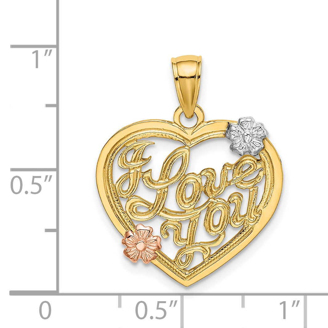 14k Two-tone and White Rhodium I LOVE YOU Heart with Flowers Charm