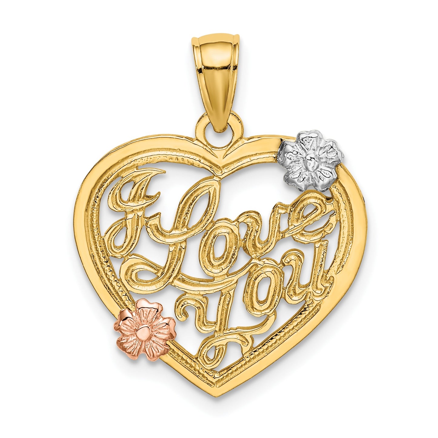 14k Two-tone and White Rhodium I LOVE YOU Heart with Flowers Charm