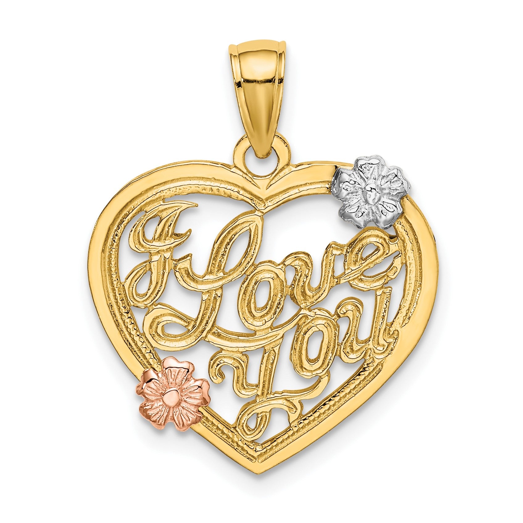 14k Two-tone and White Rhodium I LOVE YOU Heart with Flowers Charm