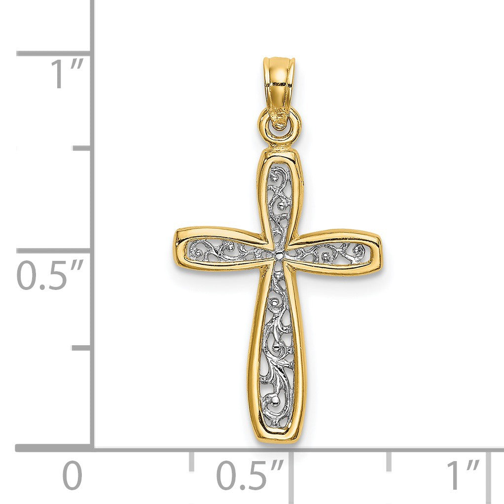 14k and White Rhodium Filigree Cross Charm