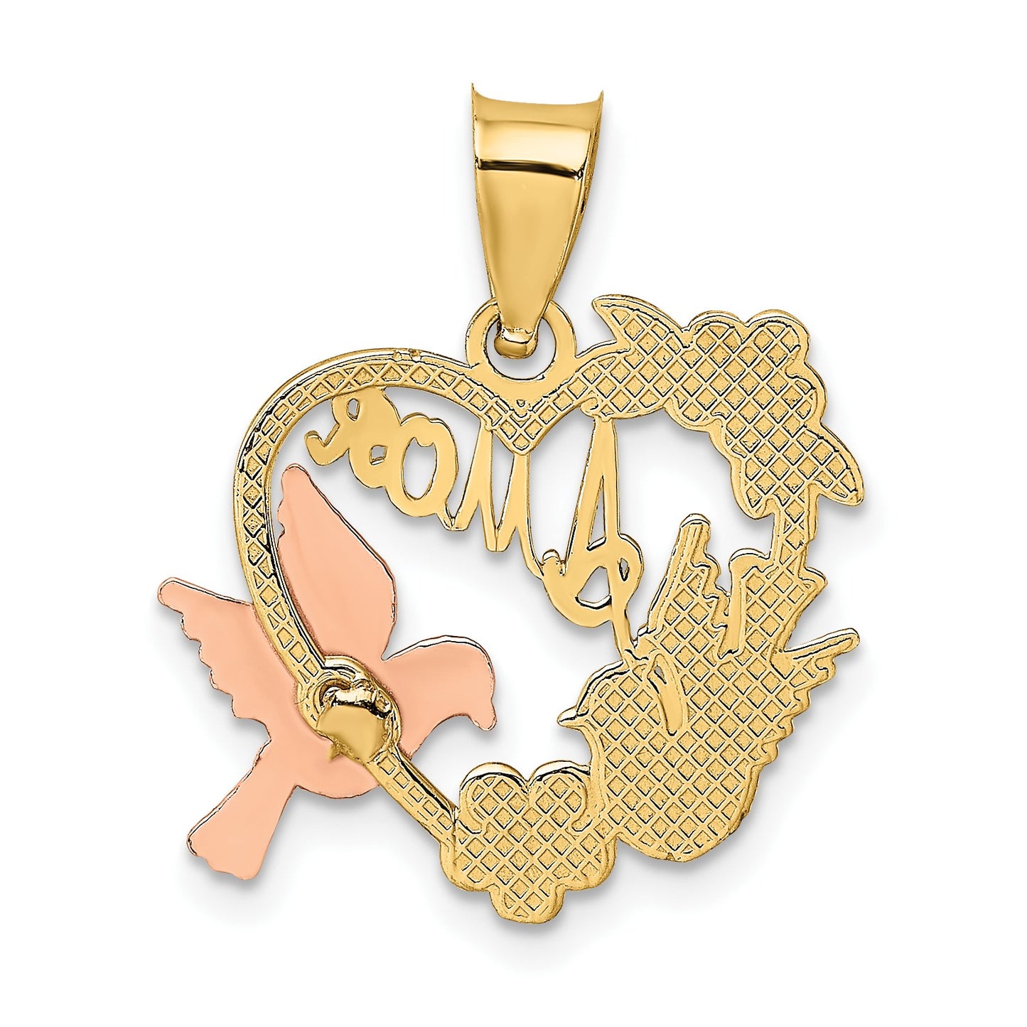 14k Two-tone and White Rhodium AMOR Heart with Doves Charm