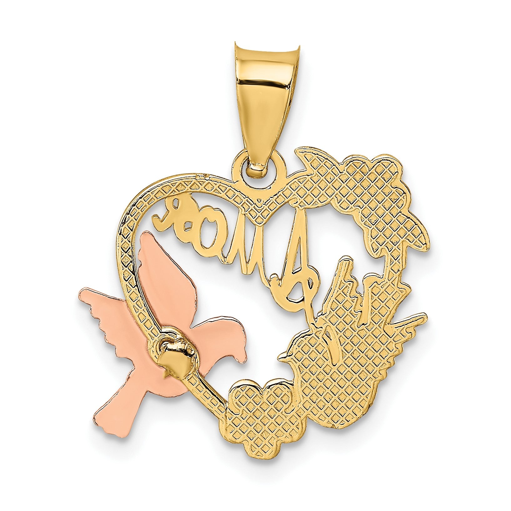 14k Two-tone and White Rhodium AMOR Heart with Doves Charm