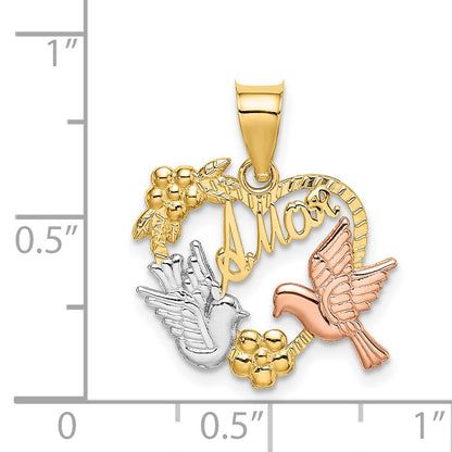 14k Two-tone and White Rhodium AMOR Heart with Doves Charm