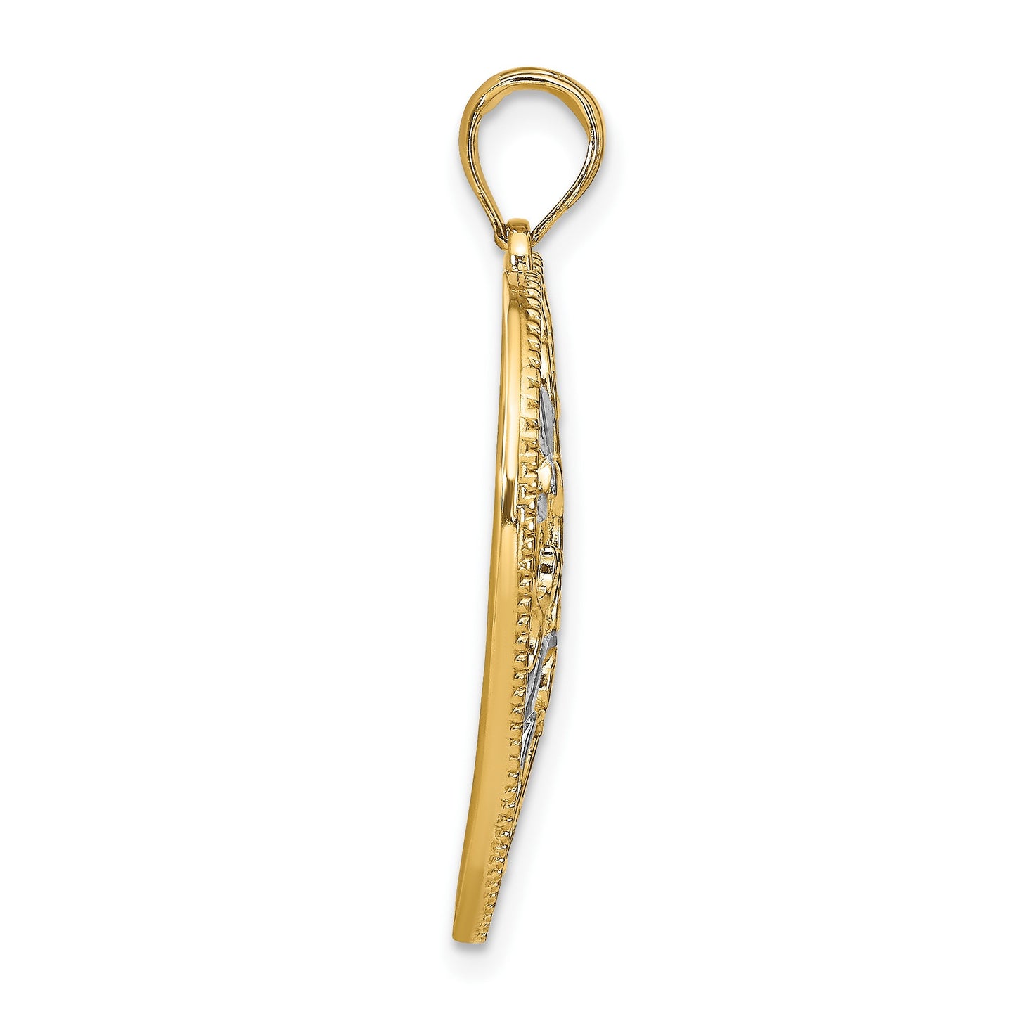 14k and White Rhodium Filigree Leaf Accent Heart Charm
