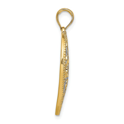 14k and White Rhodium Filigree Leaf Accent Heart Charm