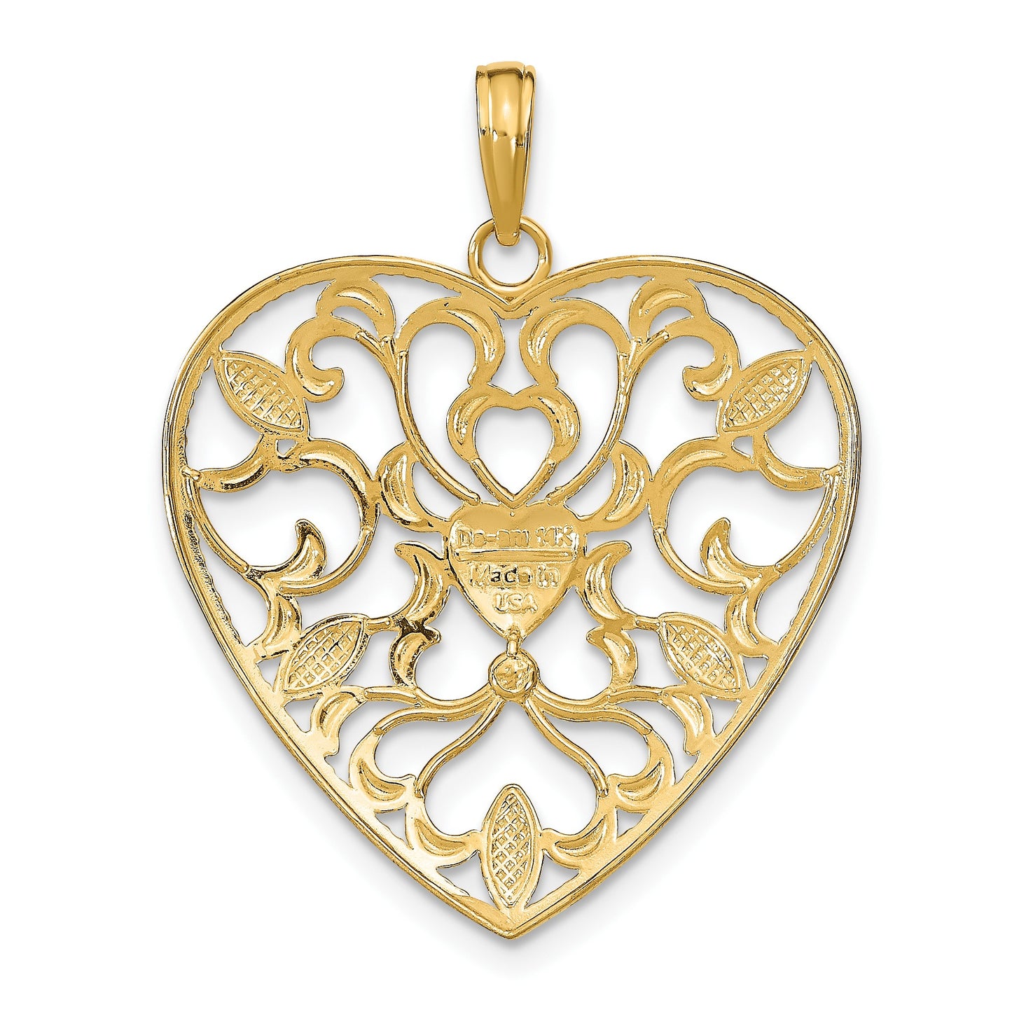 14k and White Rhodium Filigree Leaf Accent Heart Charm