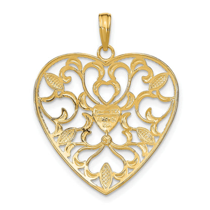 14k and White Rhodium Filigree Leaf Accent Heart Charm