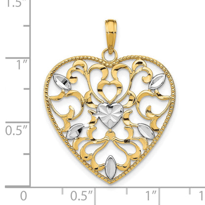 14k and White Rhodium Filigree Leaf Accent Heart Charm